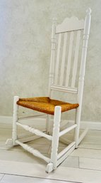 Antique 18th Century Banister Back Side Rocking Chair With Rush Seat