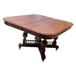 Late 1800s Hand Carved Jacobean Revival Refectory Oak Wood Dining Table With 2 Extra Leaf Attachments