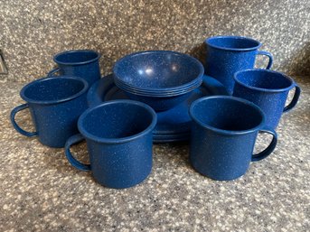 Blue And White Speckled Enamelware Camping Dishes