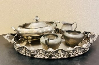 Pewter Tea Tray And Tea Set Pieces