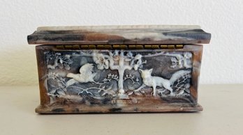 Incolay Stone Box Detailed With Deer, Fox, And Pheasant Scene