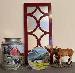An Fun Assortment Of Farmhouse Decor Incl. Hand Painted Stool, Milk Can Tin, Moose, & Farm Red Mirror