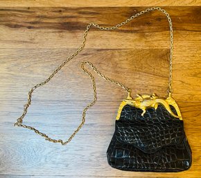 Vintage Anne Turk Alligator Clasp Clutch Purse With Gold Tone Chain