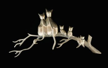 Brass Cat Family On A Branch Wall Hanging MCM Style Circa 1960-70