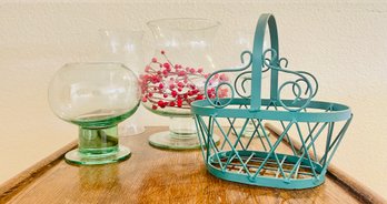Collection Of Glass Vases, Green Basket And Glass Oil Lamp Cover