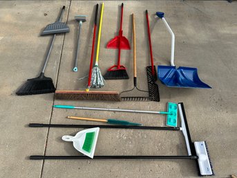 Lot Of Cleaning And Patio Tools Including Industrial Broom, Rake, Household Brooms And More