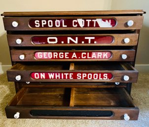 19th Century Oak Clark's Spool Cabinet With Reverse Painted Glass Fonts