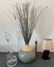 Great Lot Of Misc. Decor W/ Tall Reeds, Decanter & Tall Etched Glass
