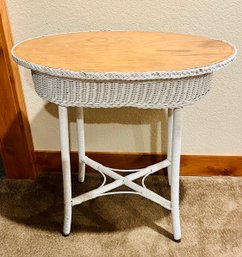 Vintage White Wicker Oval Wood Top Side Table