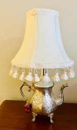 Vintage Silver Plated Teapot Lamp With Tassle Shade