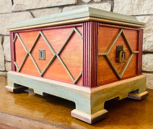 Small Painted Wooden Trunk With Diamond Panels And Bracket Feet
