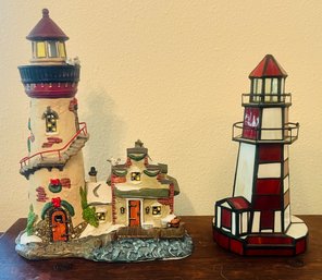 Duo Of Vintage Lighthouse Decorative Statues