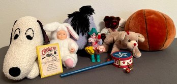 Assortment Of Plush Animals Including Snoopy, Eeyore And Paper Mache Clown And More!