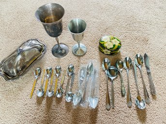 Assortment Of Silver Plated Kitchen Utensils Silverware And Drinking Glasses