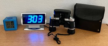 Two Alarm Clocks And Bosch Optikon Binoculars Used
