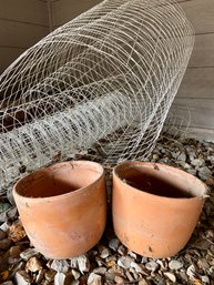 White Garden Wire With Some Wire Edging & 2 Terra Cotta Pots