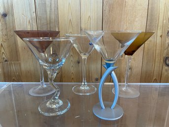 Variety Of Martini Glasses, Bombay Sapphire Glass, Zig Zag Stem, And Colored Glasses