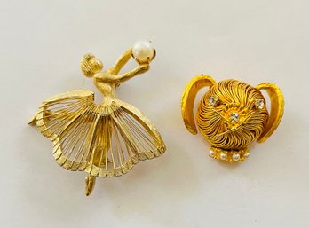 Pair Of Gold Tone Pins With One Brooks