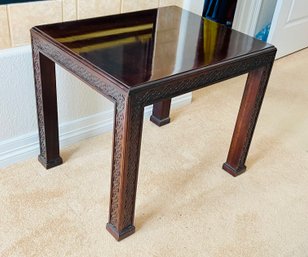 Henredon Solid Dark Wood Side Table With Chippendale Embossed Legs And High Gloss Finish