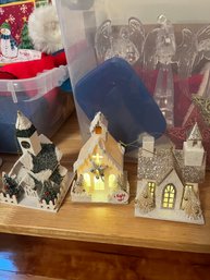 Misc. Christmas Ornaments & Decorations Incl. Light Up Mini Buildings In 2 Boxes