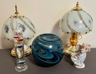 2 Blue Floral Touch Lamps, Blue Blown Glass Vase, Galileo Thermometer And More