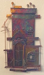 In The Style Of Curtis Jere MCM Wall Sculpture Featuring Building With Arched Windows