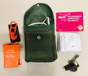 Vintage Survival Kit With Heat Blanket, Whistle, First Aid Kit, And More