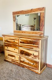 Natural Wood 6 Drawer Dresser With Mirror