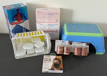 Disposable Face Masks, Heating Pad In Box, Step Stool, Small Containers, Cedar Rings And More