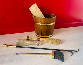Assorted Lot Of Fireplace Tools Including Brooms And Bucket