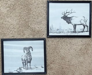 Pair Of Black And White Mountain Wildlife Signed Prints