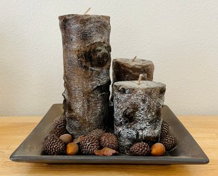 Dark Birch Wood Fragrance Free Pillar Candles Incl. Decorative Dish