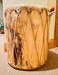 Wood Rawhide Drum Side Table