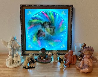 A Vivid Lighted Guardian Angel Wall Haning W/ Several Other Heavenly Angel Friends Incl. Boyd's Angel Bears