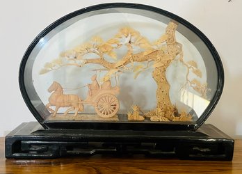 Vintage Chinese Diorama Cork Carving In Glass Case