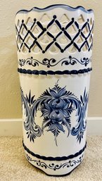 Vintage 1980s Blue And White Ceramic Umbrella Stand Made In Portugal