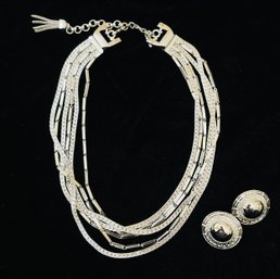 Vintage Monet Silver Tone Multi-strand Necklace With Matching Clip On Earrings