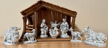 Very Nice Creche With 8 Blue-tone Nativity Figurines