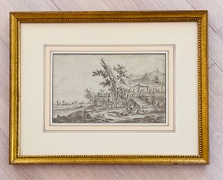 17th Century Dutch Ink Wash On Paper North European Countryside On Gold Gilt Frame