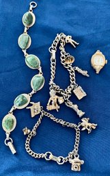 Vintage Bracelets Featuring Charms & Green Stones W/ A Bulova Watch
