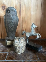 Wood/clay Owl Sculptors And Small Horse Figurine