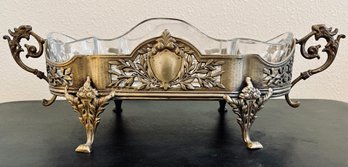 Vintage Castilian Brass Footed Centerpiece Tray With Glass Insert