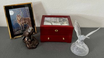 Nice Cherry 'listen To The Spirit Within' Jewelry Box, Metal Eaglet, Glass Eagle And More