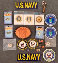 Collection Of Military Stickers, Medallions, Embossed Belt Buckle And More