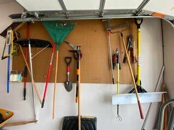 Assorted Lot Of Garden Tools Incl. Rakes, Shovels, Brooms And More