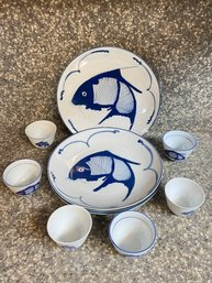 Vintage Hand Painted Koi Fish Plates And Mini Bowls