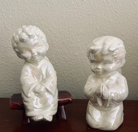 Pair Of Ceramic Pearl Praying Angels