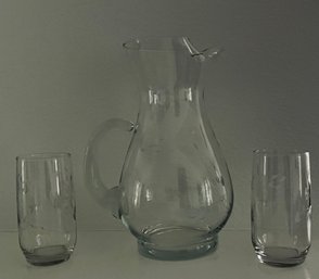 Etched Glass Pitcher With Matching Glassware