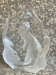 Mats Jonasson Glass Etched Sea Otter Paper Weight, Signed On Bottom