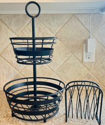 Pair Of Black Wire Fruit Bowl And Napkin Holder